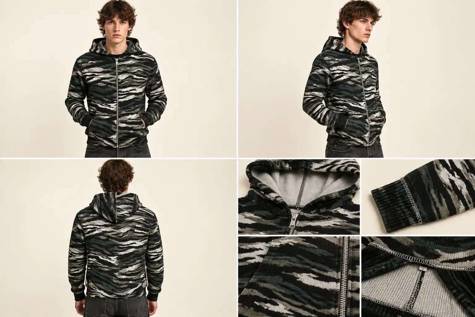 Tiger zip hoodie — Model view, Front, Reverse, Detail