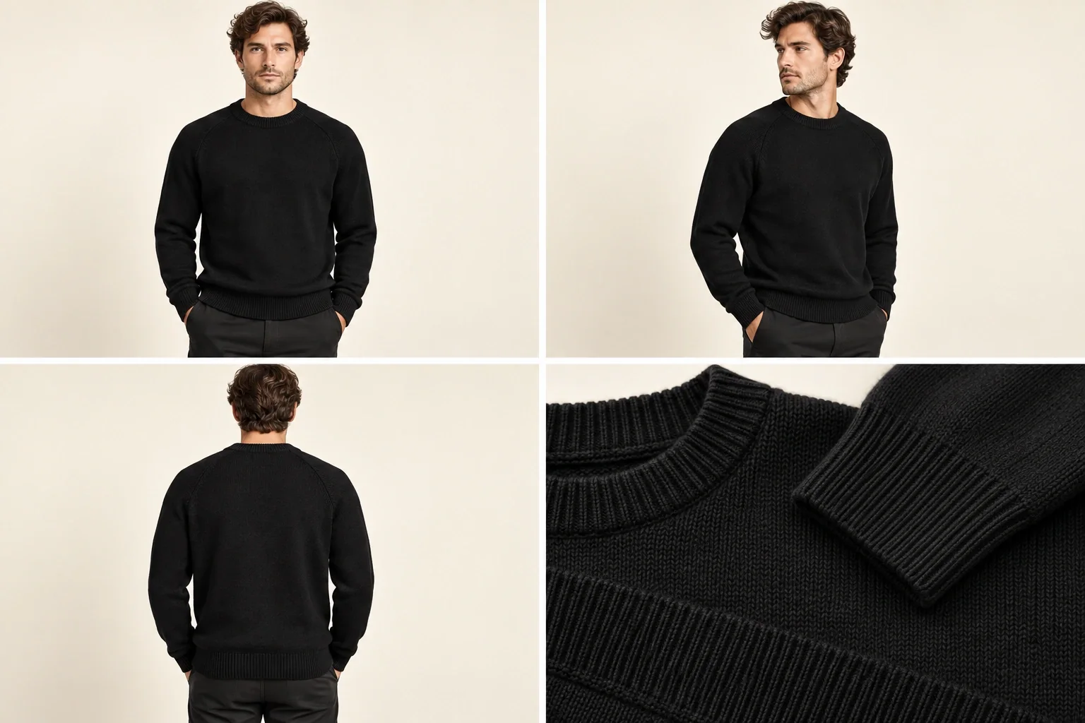 Core black crewneck — Model view, Front, Reverse, Detail